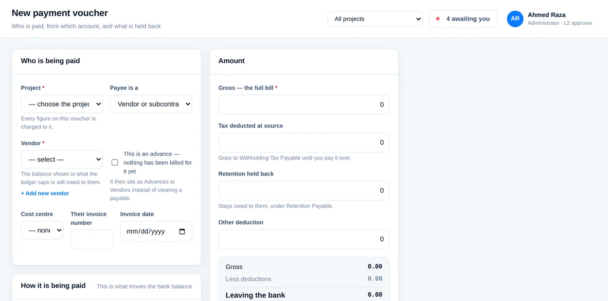 The payment voucher form with project, bank, payee, tax and retention fields.