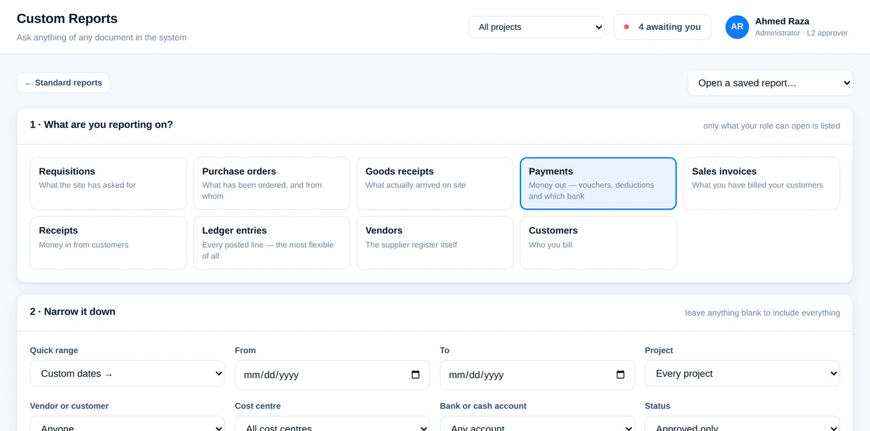 A built report grouped by payee with gross, withholding tax, retention and net columns.