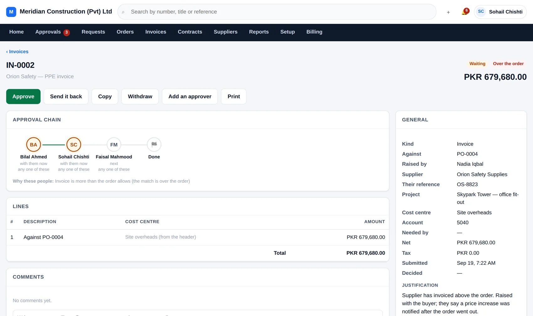 An invoice in AxisFlow marked as over the purchase order value, held for review with a note explaining the discrepancy.