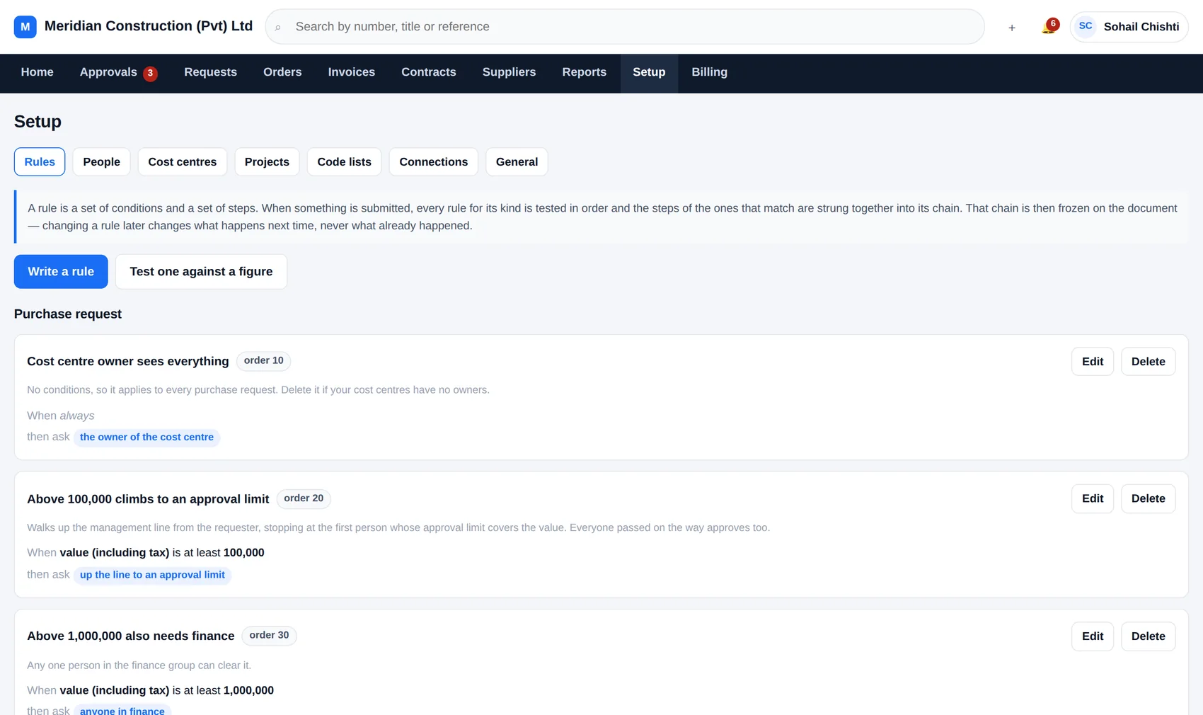 Editing an approval rule in AxisFlow: its conditions and the steps that follow.