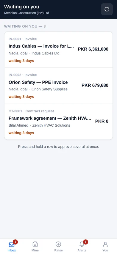 The AxisFlow phone app showing three requests waiting for approval, each with the amount and how many days it has been waiting.