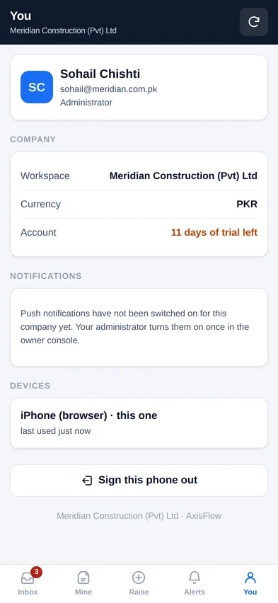 The account screen on the phone, listing the devices signed in and the notification settings.